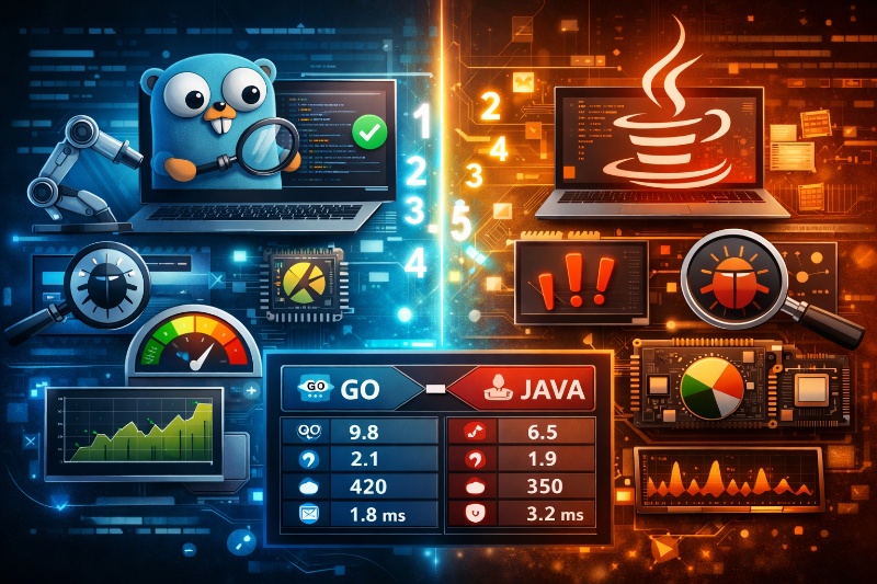 Analysis of Unit testing, Race detector, Benchmarking, Profiling (pprof) Go vs Java | Testing, Debugging, and Profiling