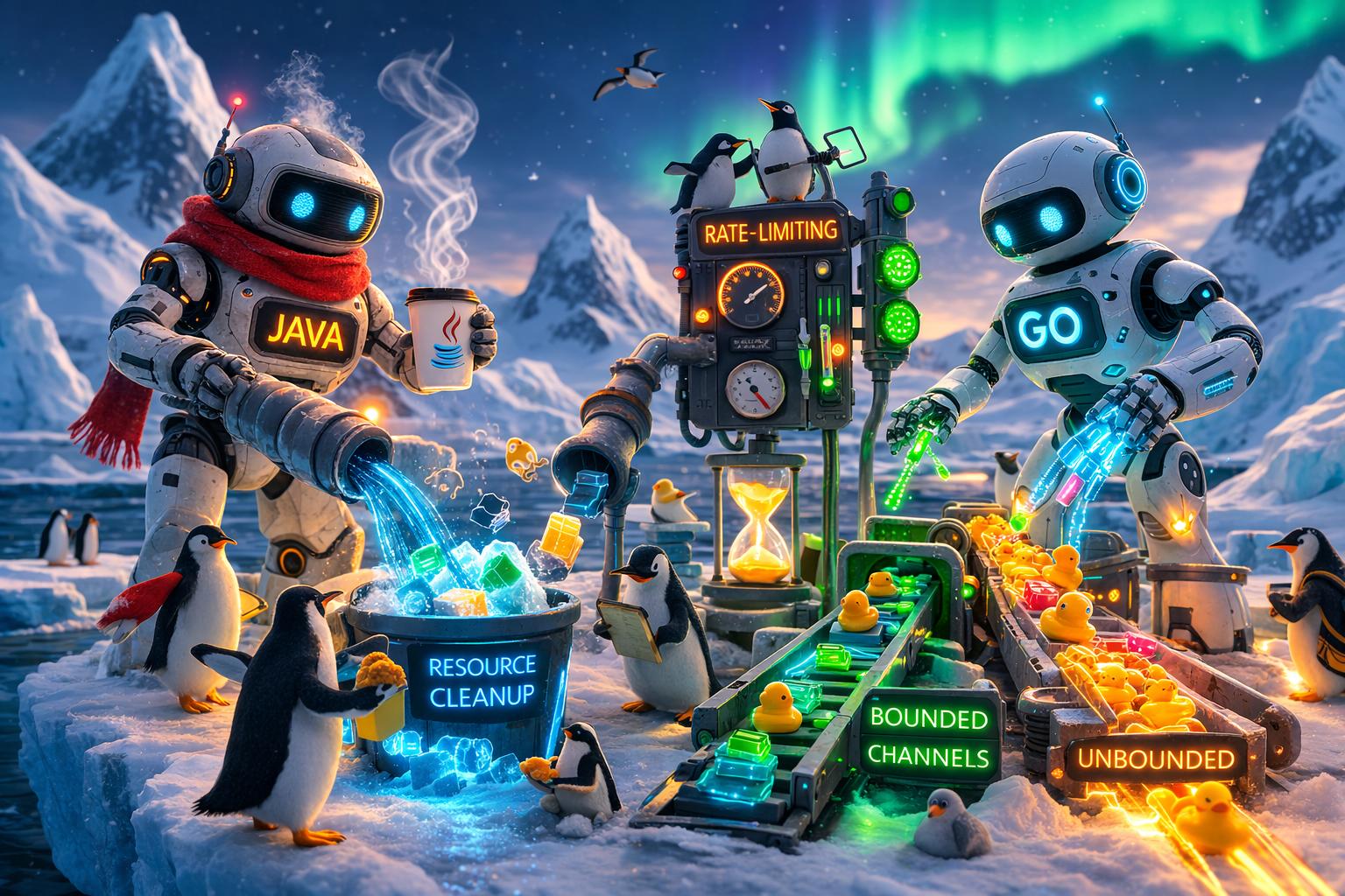 Resource cleanup, rate‑limiting strategies, bounded vs unbounded channels - в Go vs Java | Паттерны, идиомы и лучшие практики Go